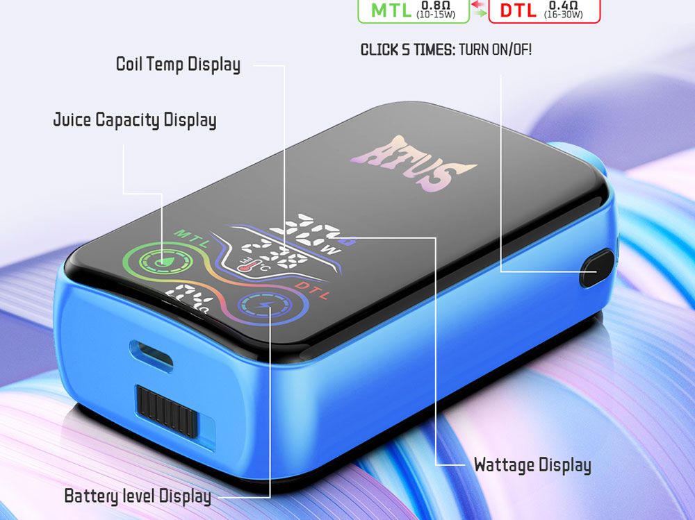 DE022 E-papierosy jednorazówka 25000 Puffs z pełnym ekranem, ładowalny i regulowany przepływ powietrza ATVS Vape